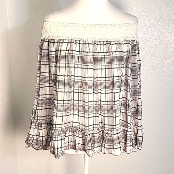 LOFT Off Shoulder Top, Black & White Plaid, Ruffle Hem, Embroidered Lace, Sz Med - Picture 2 of 8